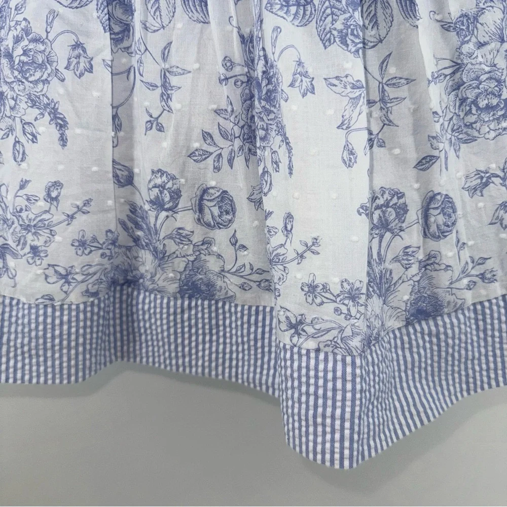 Bonnie Baby Dotted Swiss Seersucker Blue Toile Floral Print Dress with Bloomers - Picture 4 of 5